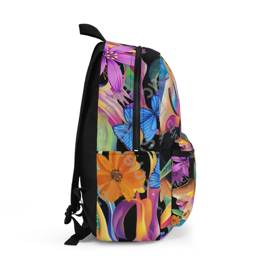 Backpack Woman Surrounded by Butterflies and Flowers