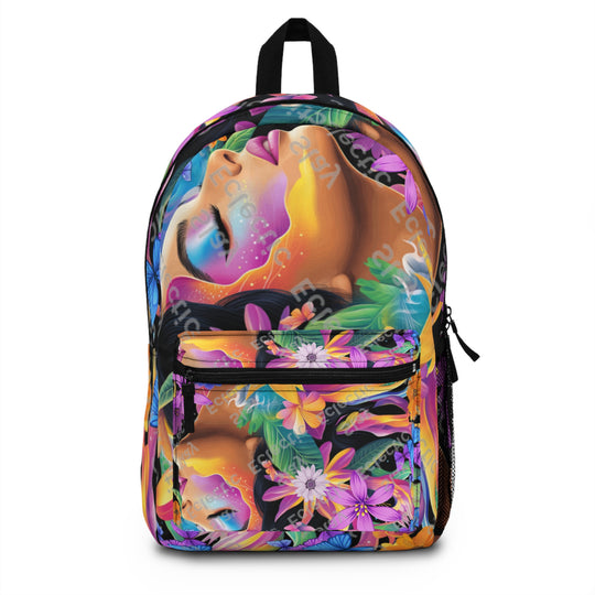 Backpack Woman Surrounded by Butterflies and Flowers
