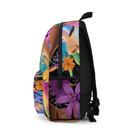 Backpack Woman Surrounded by Butterflies and Flowers