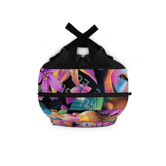 Backpack Woman Surrounded by Butterflies and Flowers
