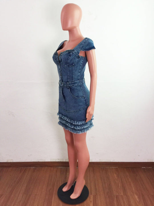 Denim Tassel A-Line Dress for Women – Slim Fit with V-Neck and Fringe Details-Slay Eclectic