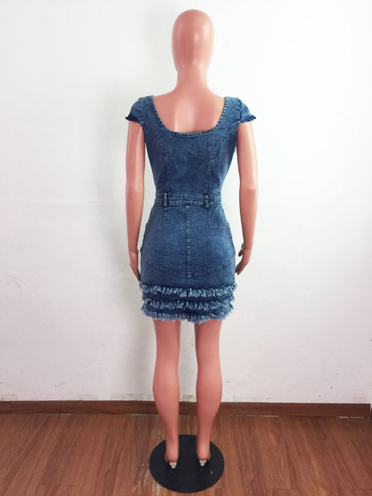 Denim Tassel A-Line Dress for Women – Slim Fit with V-Neck and Fringe Details-Slay Eclectic