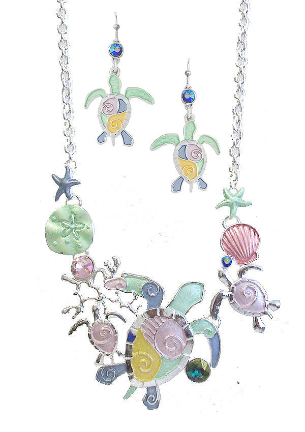 SEALIFE THEME MULTI EPOXY CHARM LINK NECKLACE SET - TURTLE-0
