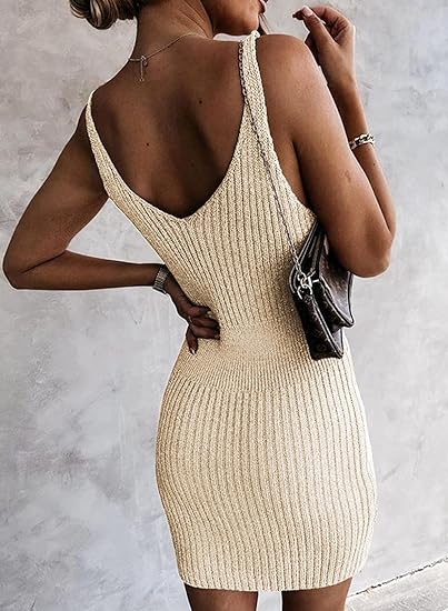 Summer Ribbed V Neck Sleeveless Bodycon Mini Dress - Cream-Slay Eclectic