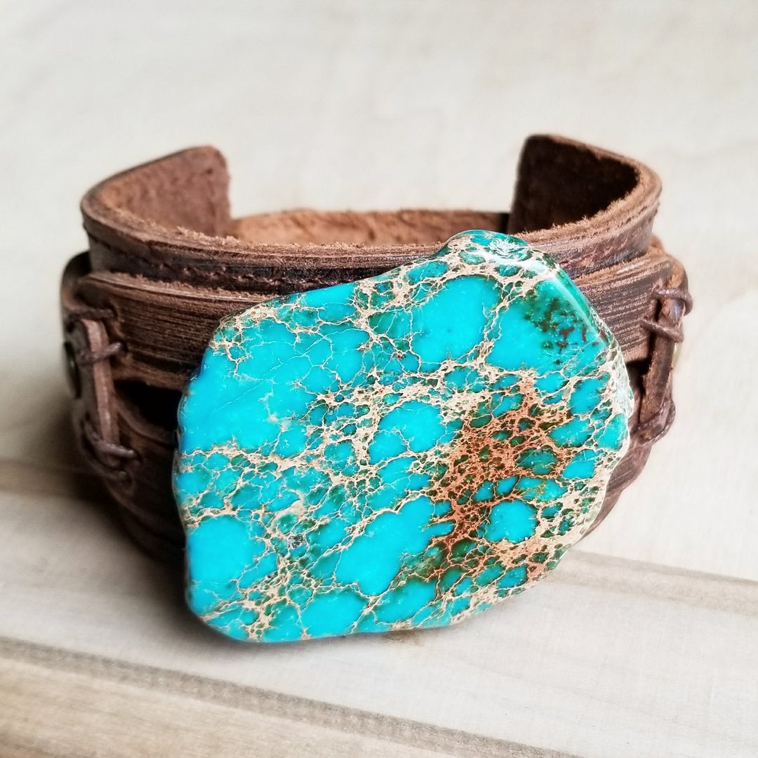 Genuine Leather Wide Cuff Bracelet w/ Regalite Slab 006y-0