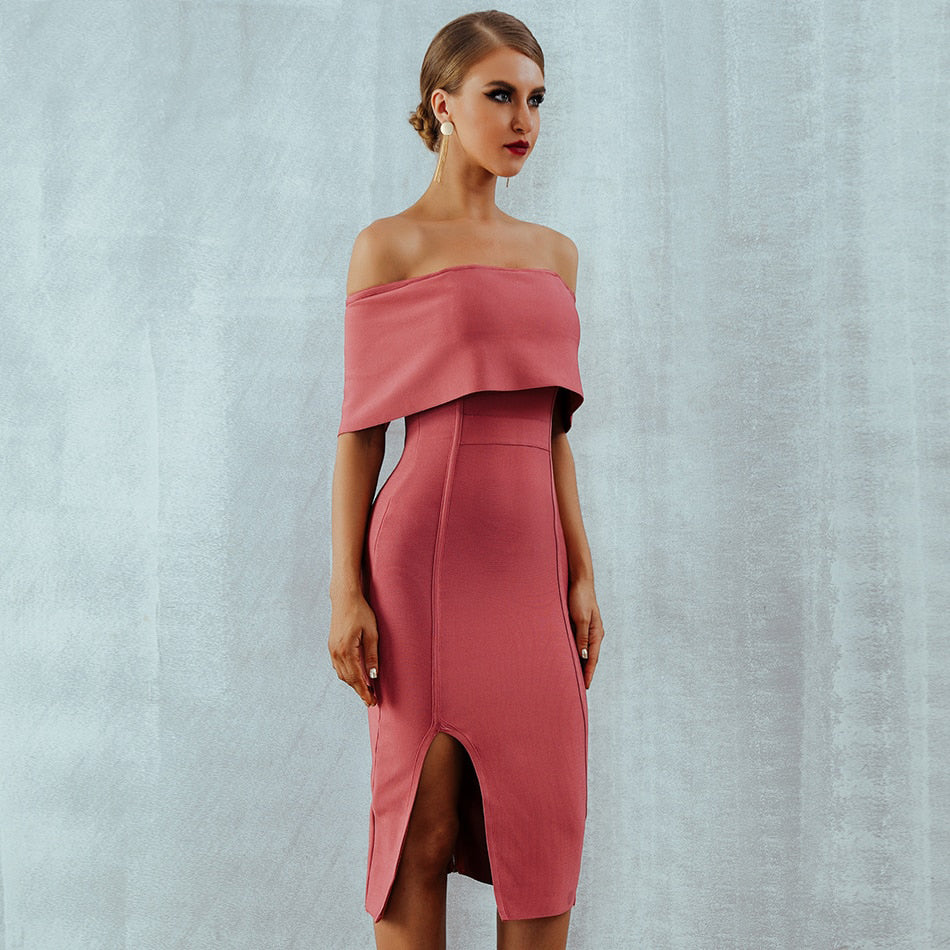 Slash Neck Bodycon Midi Dress - Pink