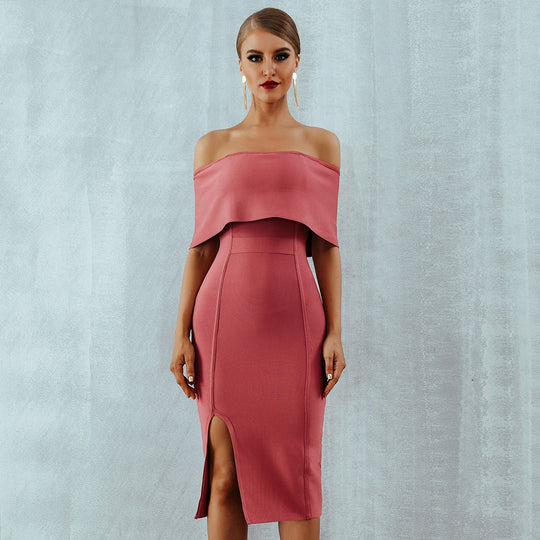 Slash Neck Bodycon Midi Dress - Pink