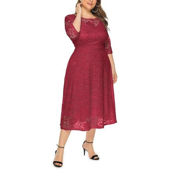 Eternatastic Women's Floral lace Plus Size Midi Dress - Red