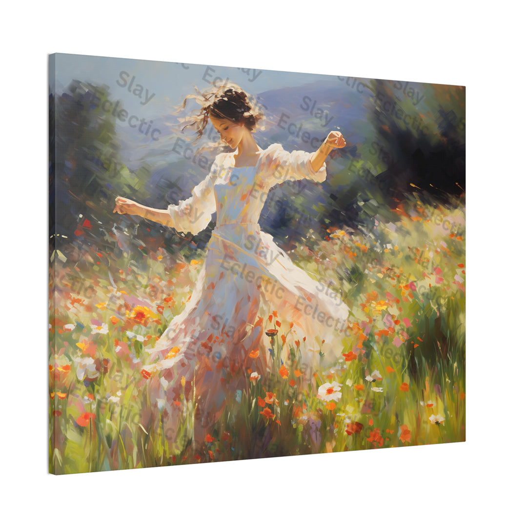 Canvas Print - Whimsical Monet Style Floral with Dreamy Dancing Girl in Field AI