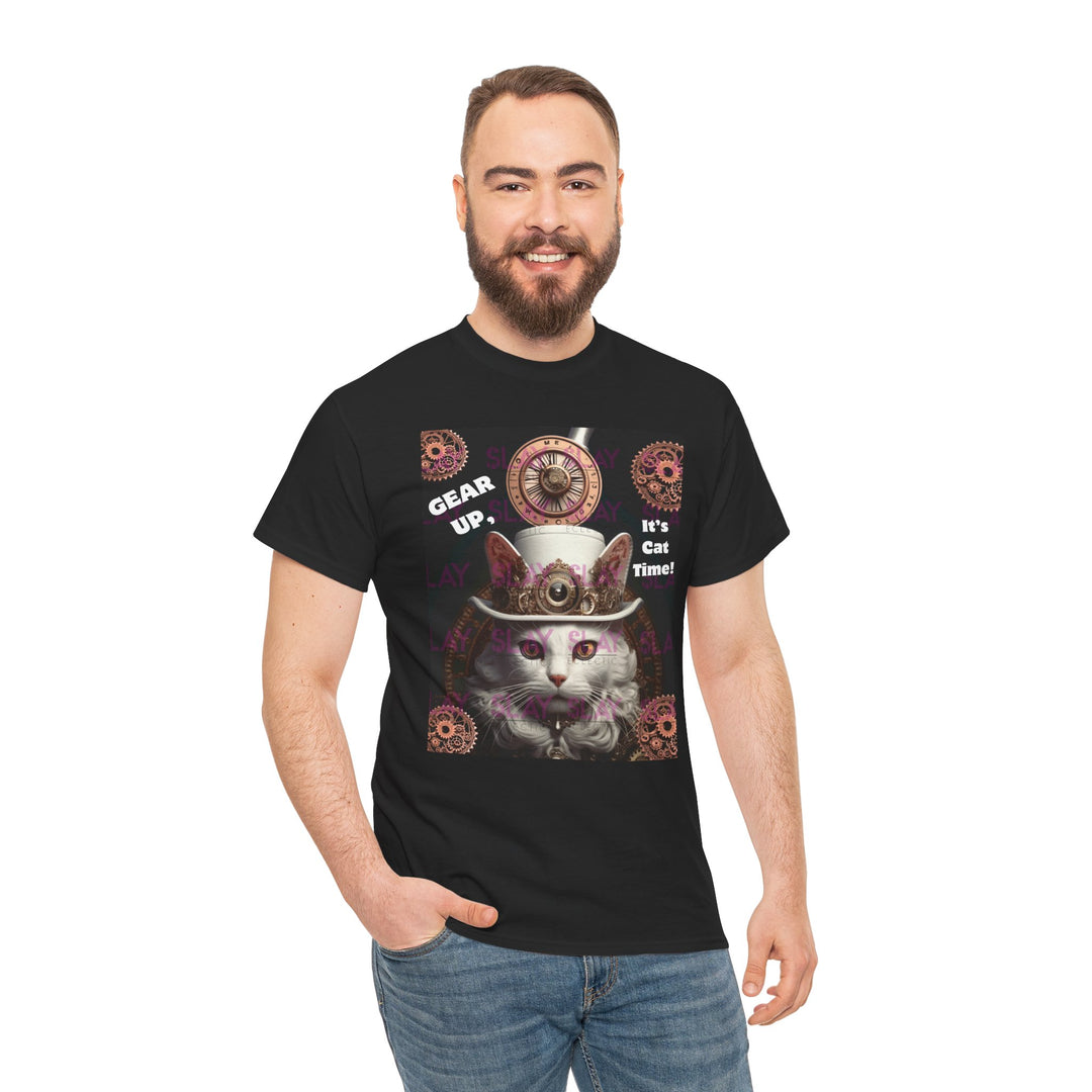 Steampunk Cat Unisex Heavy Cotton Tee - Gear Up, It's Cat Time!, Steampunk T-Shirt, Graphic Tee, Birthday Gift for Cat Lovers, Cat Lovers T-Shirt-Slay Eclectic