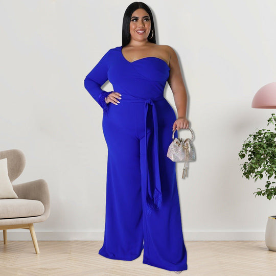 Flare Goddess Plus Size Belted Couture Jumpsuit - Blue