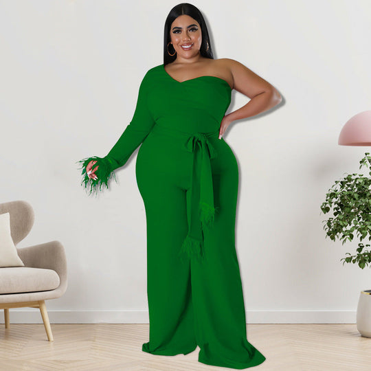 Flare Goddess Plus Size Belted Couture Jumpsuit - Green