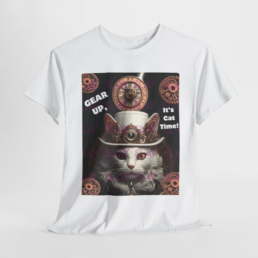 Steampunk Cat Unisex Heavy Cotton Tee - Gear Up, It's Cat Time!, Steampunk T-Shirt, Graphic Tee, Birthday Gift for Cat Lovers, Cat Lovers T-Shirt-Slay Eclectic