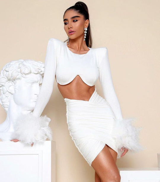 Feathered Bandage Mini Dress - White