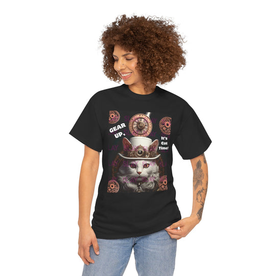 Steampunk Cat Unisex Heavy Cotton Tee - Gear Up, It's Cat Time!, Steampunk T-Shirt, Graphic Tee, Birthday Gift for Cat Lovers, Cat Lovers T-Shirt-Slay Eclectic