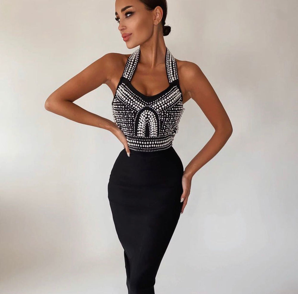 Beaded Bandage Midi Dress - Black** (**please see shipping policy)