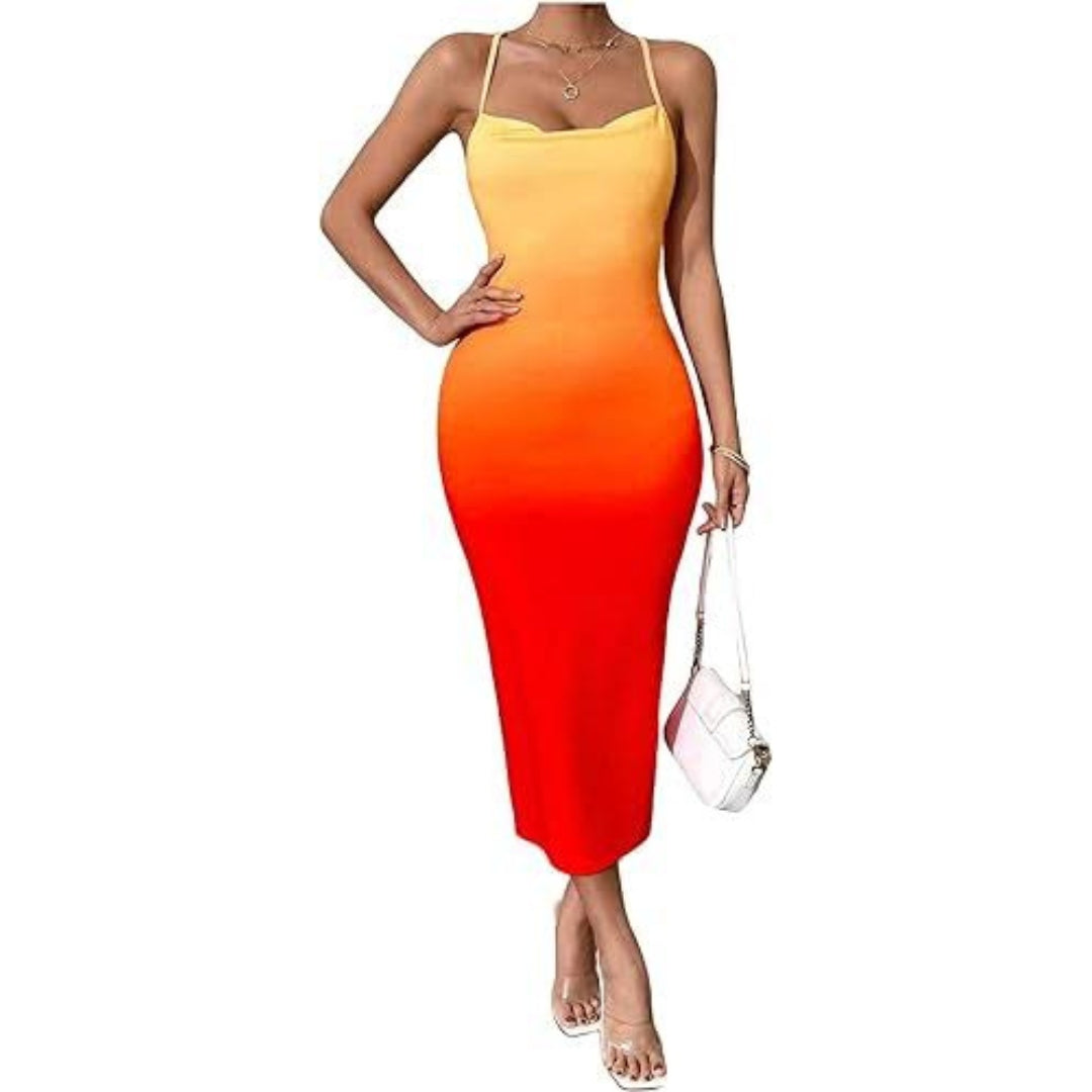 Crisscross Cami Backless Cowl Neck Bodycon Dress - Orange