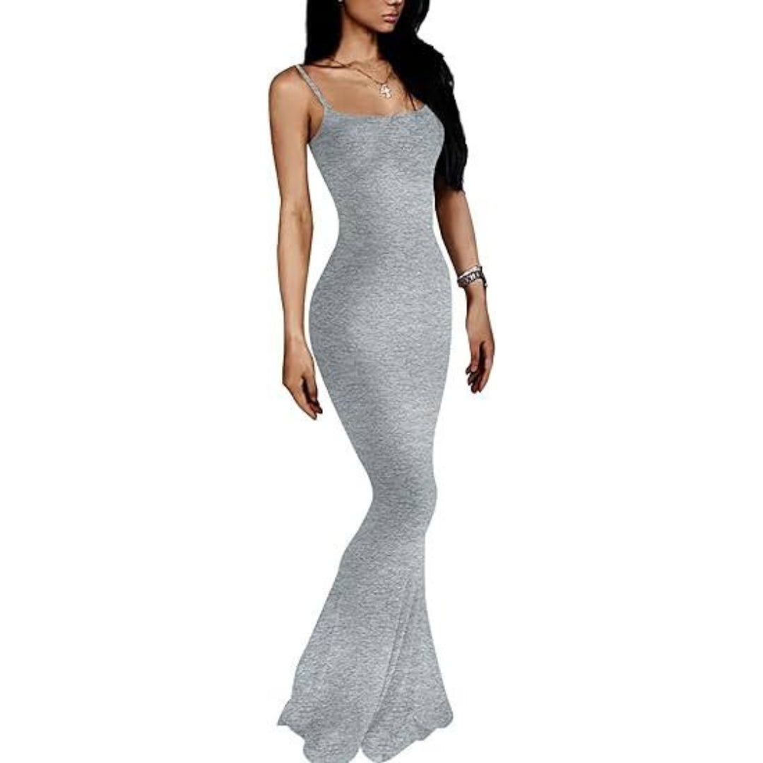 Spaghetti Strap Tight Slip Maxi Bodycon Dress  - Gray