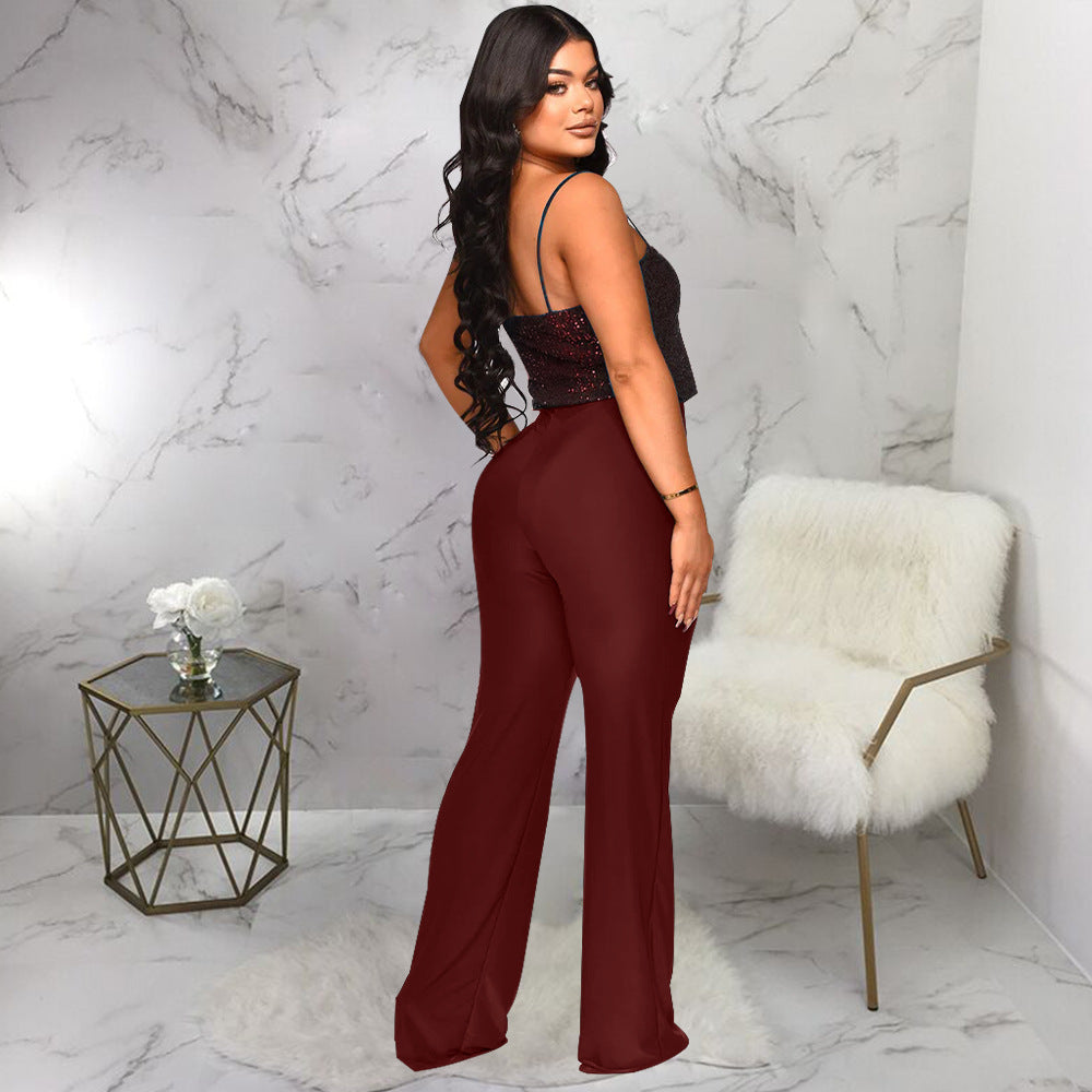 Sparkling Seduction Spaghetti Strap Slim Fit Jumpsuit - Wine