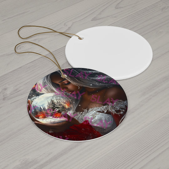 Elegant Holiday Ceramic Original AI Art Ornament - 3 Unique Shapes of A Woman Holding Snow Globe