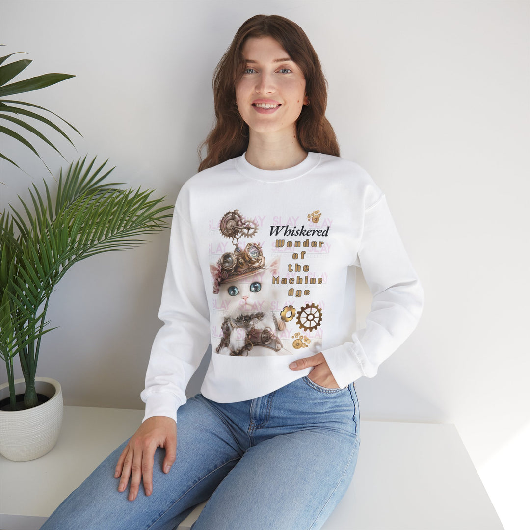 Whiskered Wonder Crewneck Sweatshirt - Cute Cat Steampunk, Cozy Casual Wear, Gift for Cat Lovers, Fun Sweatshirt, Unique Animal Apparel-Slay Eclectic