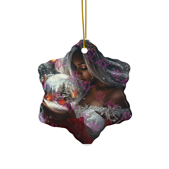 Elegant Holiday Ceramic Original AI Art Ornament - 3 Unique Shapes of A Woman Holding Snow Globe