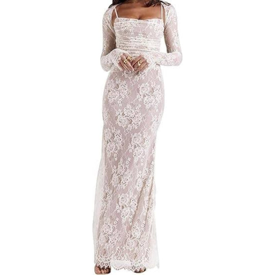 Vintage Lace Maxi Bodycon Dress -  Cream