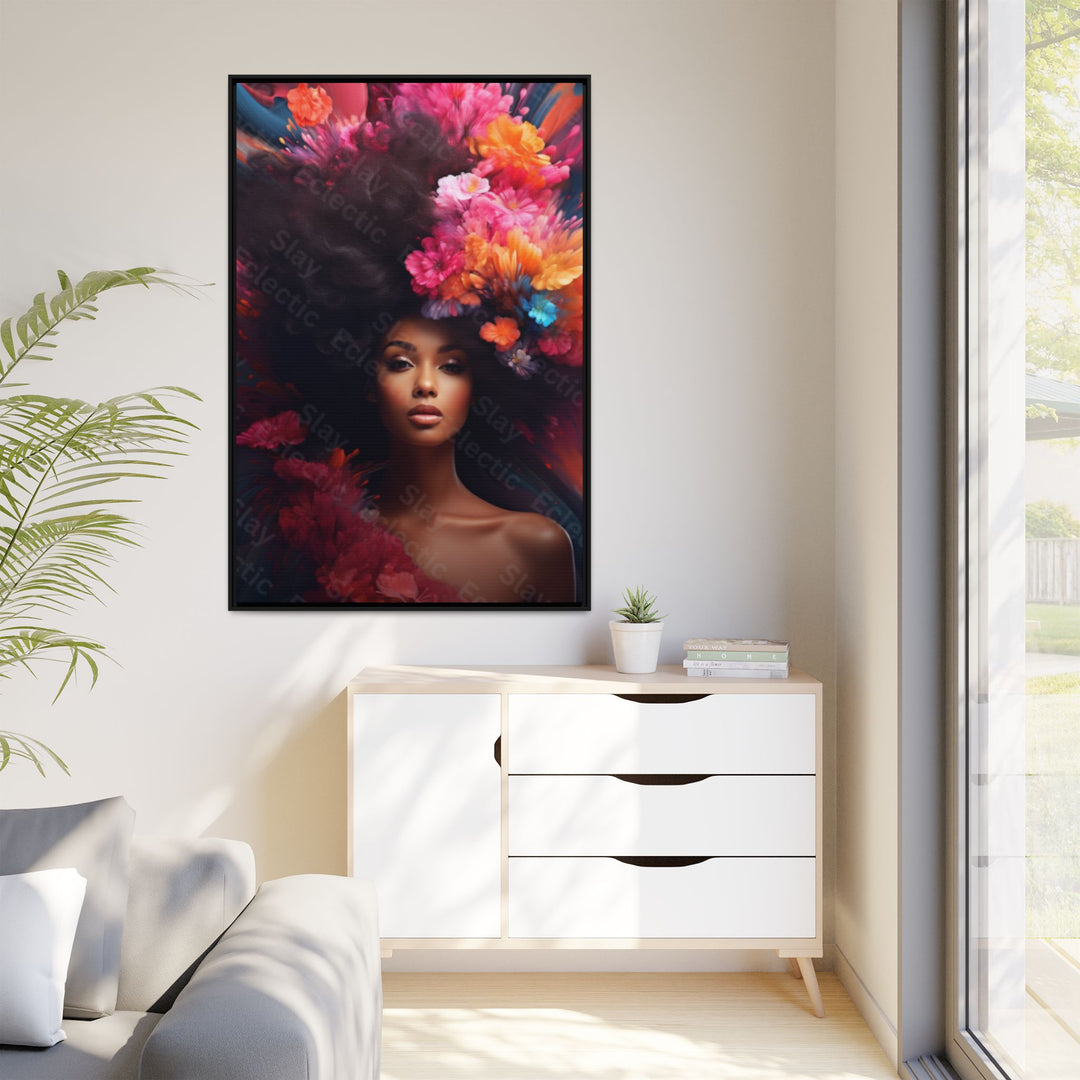 Vibrant Floral Matte Canvas Wall Art Framed Portrait of Beauty AI Art