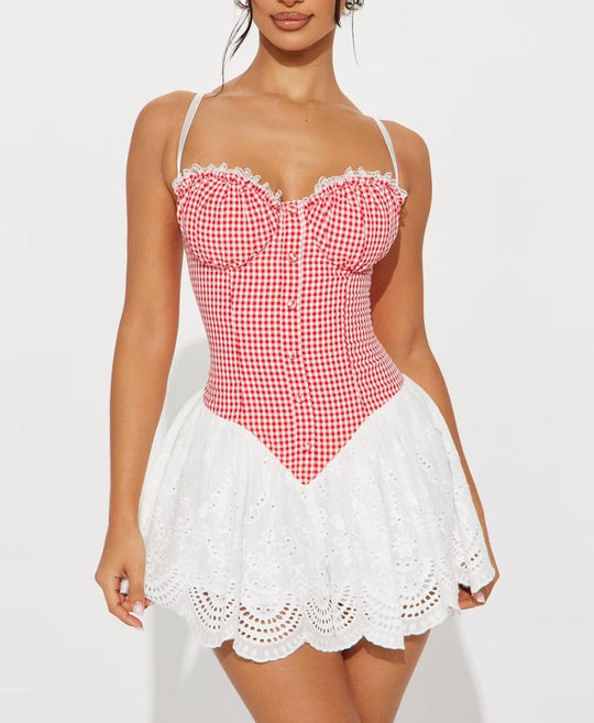 Sweet Plaid Lace Splicing Sling Dress Sexy Slim Back Strap Mini Dress