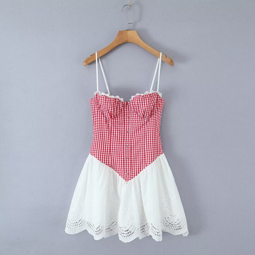 Sweet Plaid Lace Splicing Sling Dress Sexy Slim Back Strap Mini Dress