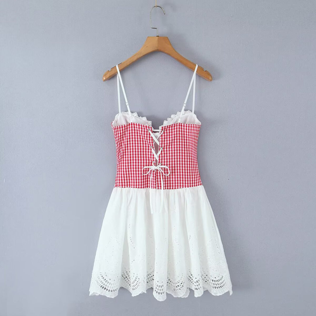 Sweet Plaid Lace Splicing Sling Dress Sexy Slim Back Strap Mini Dress