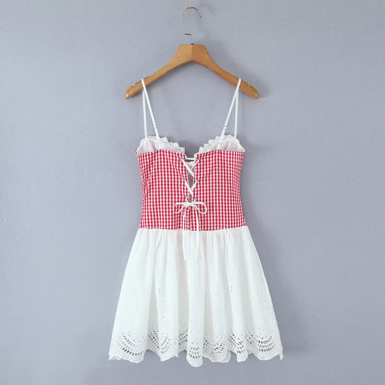 Sweet Plaid Lace Splicing Sling Dress Sexy Slim Back Strap Mini Dress