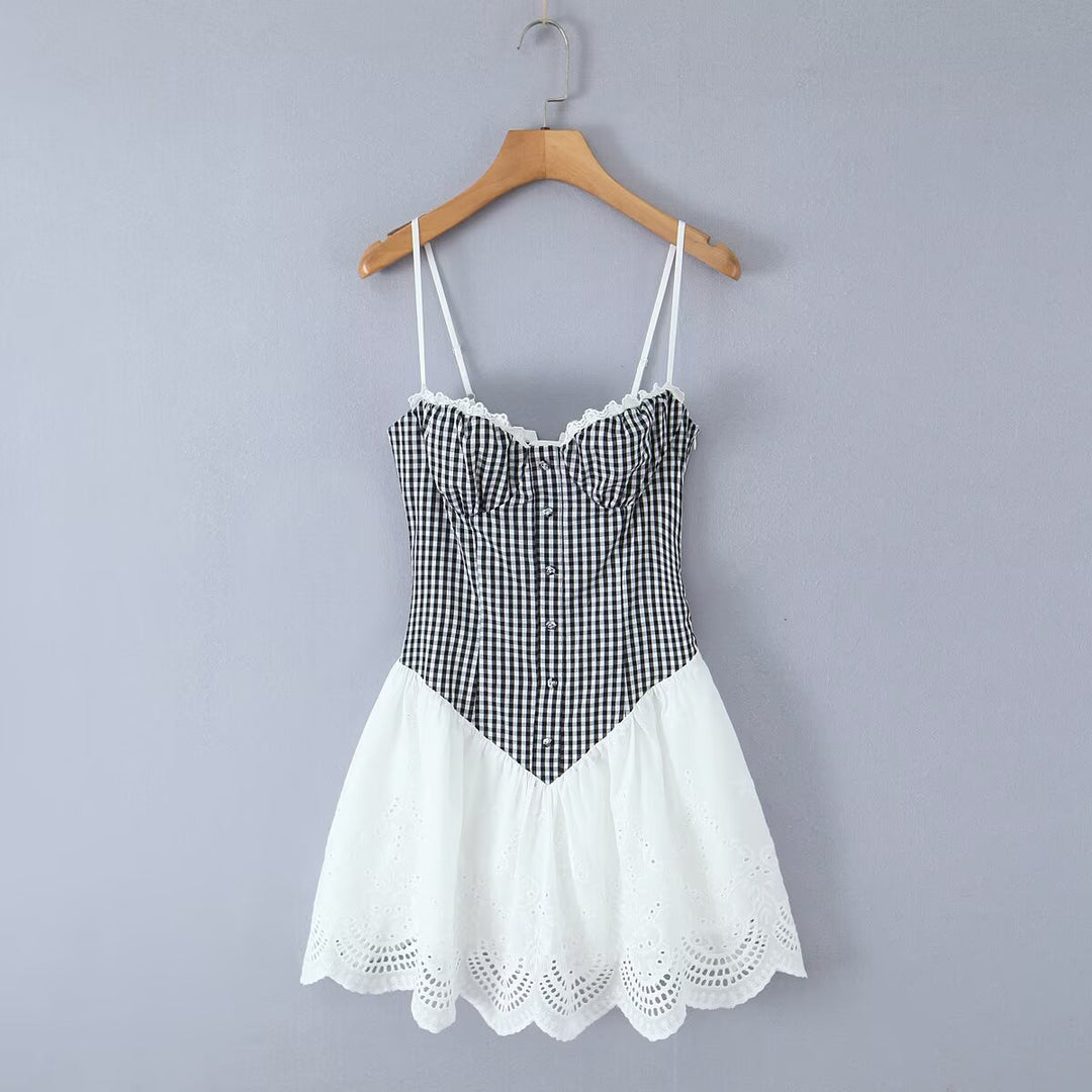 Sweet Plaid Lace Splicing Sling Dress Sexy Slim Back Strap Mini Dress