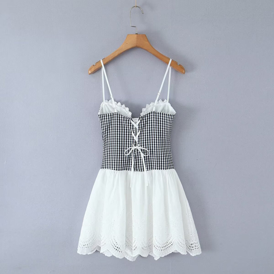 Sweet Plaid Lace Splicing Sling Dress Sexy Slim Back Strap Mini Dress