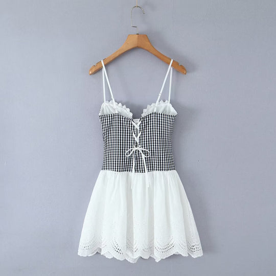 Sweet Plaid Lace Splicing Sling Dress Sexy Slim Back Strap Mini Dress
