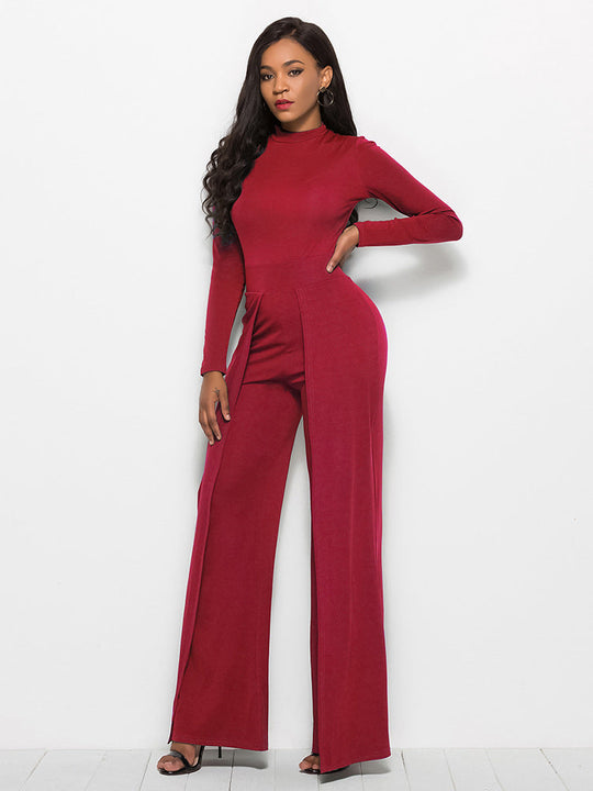 Gala Glamour Mock Neck Wide Leg Jumpsuit - Red