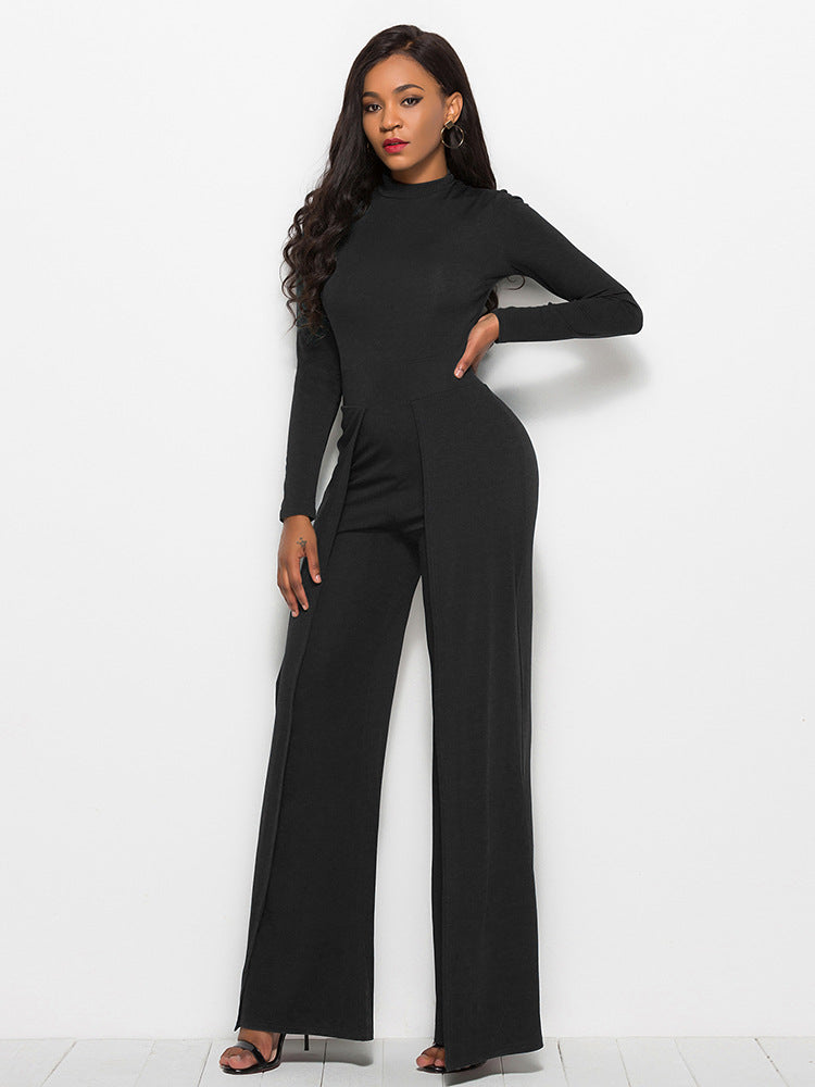 Gala Glamour Mock Neck Wide Leg Jumpsuit - Black