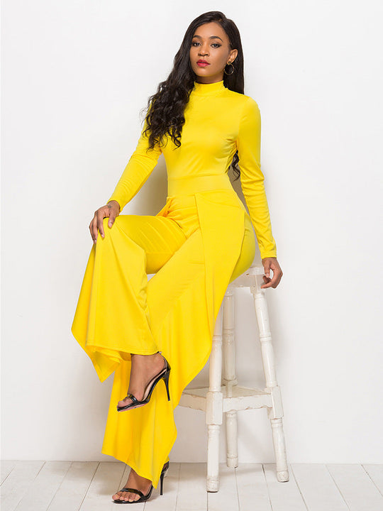 Gala Glamour Mock Neck Wide Leg Jumpsuit - Yellow