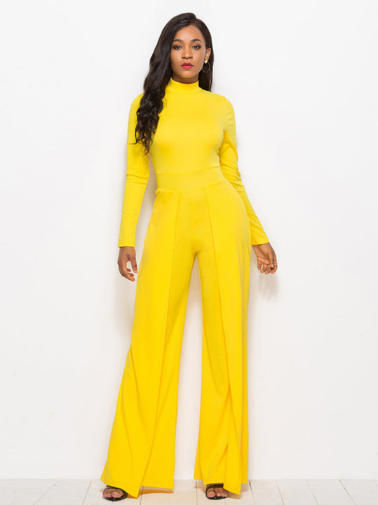 Gala Glamour Mock Neck Wide Leg Jumpsuit - Yellow