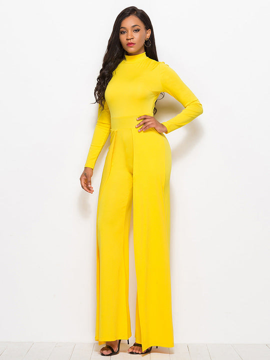 Gala Glamour Mock Neck Wide Leg Jumpsuit - Yellow