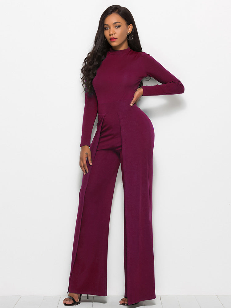 Gala Glamour Mock Neck Wide Leg Jumpsuit - Purple