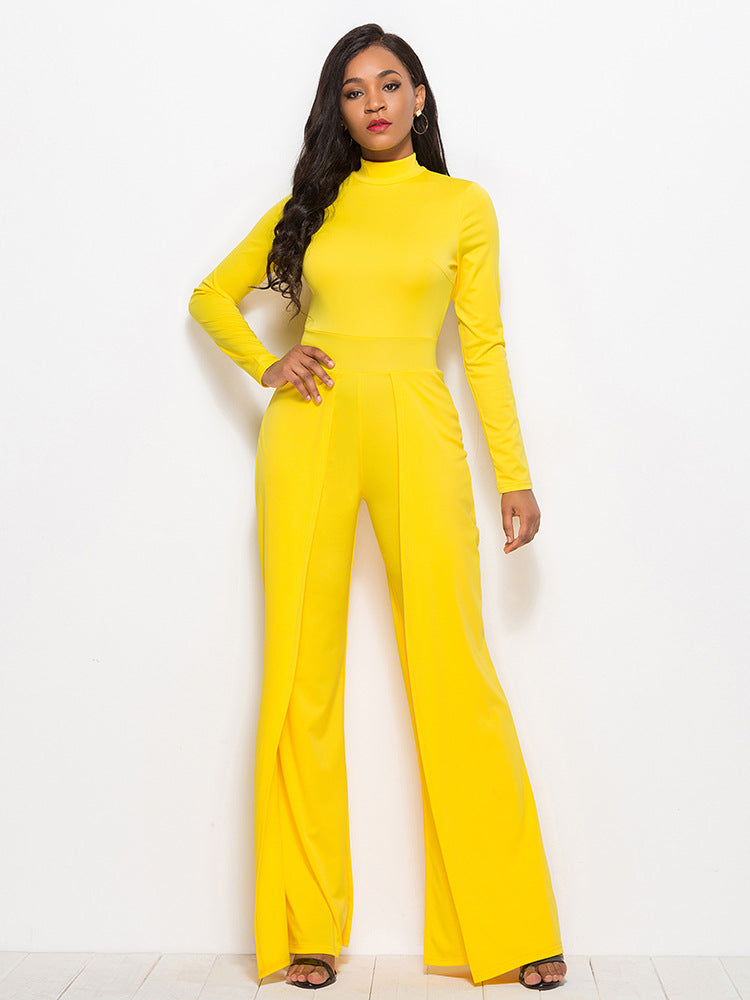 Gala Glamour Mock Neck Wide Leg Jumpsuit - Yellow