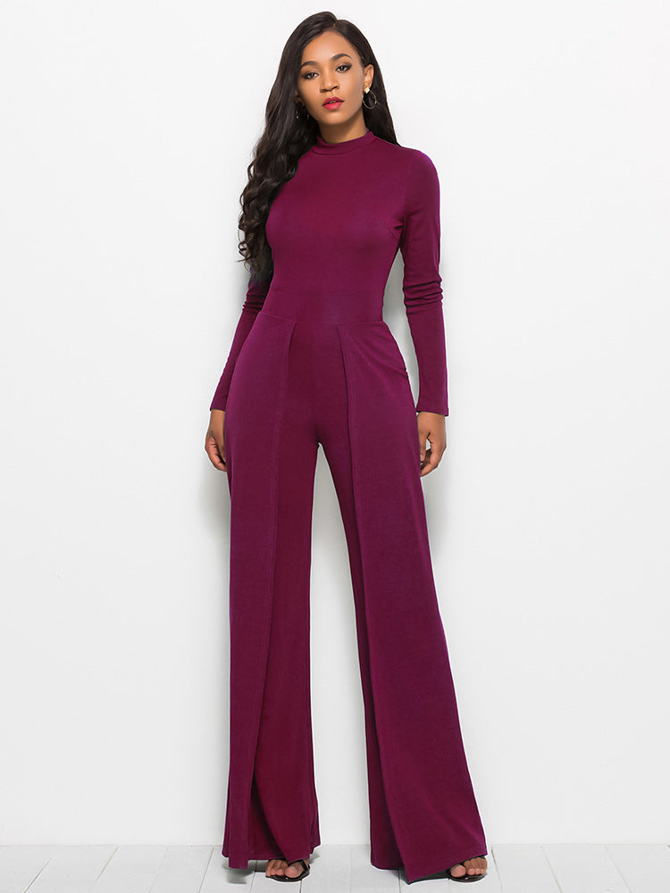 Gala Glamour Mock Neck Wide Leg Jumpsuit - Purple