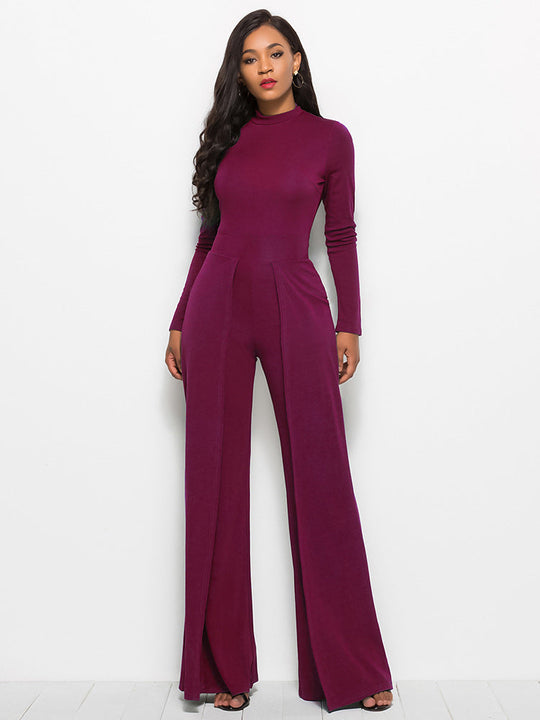 Gala Glamour Mock Neck Wide Leg Jumpsuit - Purple