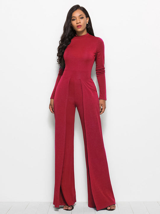 Gala Glamour Mock Neck Wide Leg Jumpsuit - Red