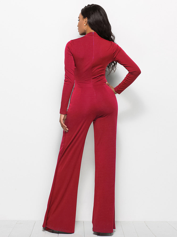 Gala Glamour Mock Neck Wide Leg Jumpsuit - Red