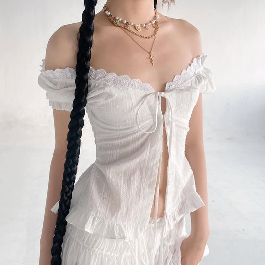 Summer French Sweet Spicy First Love White Lace Collar Back Elastic Jacquard Wave Point Puff Sleeve Small Top
