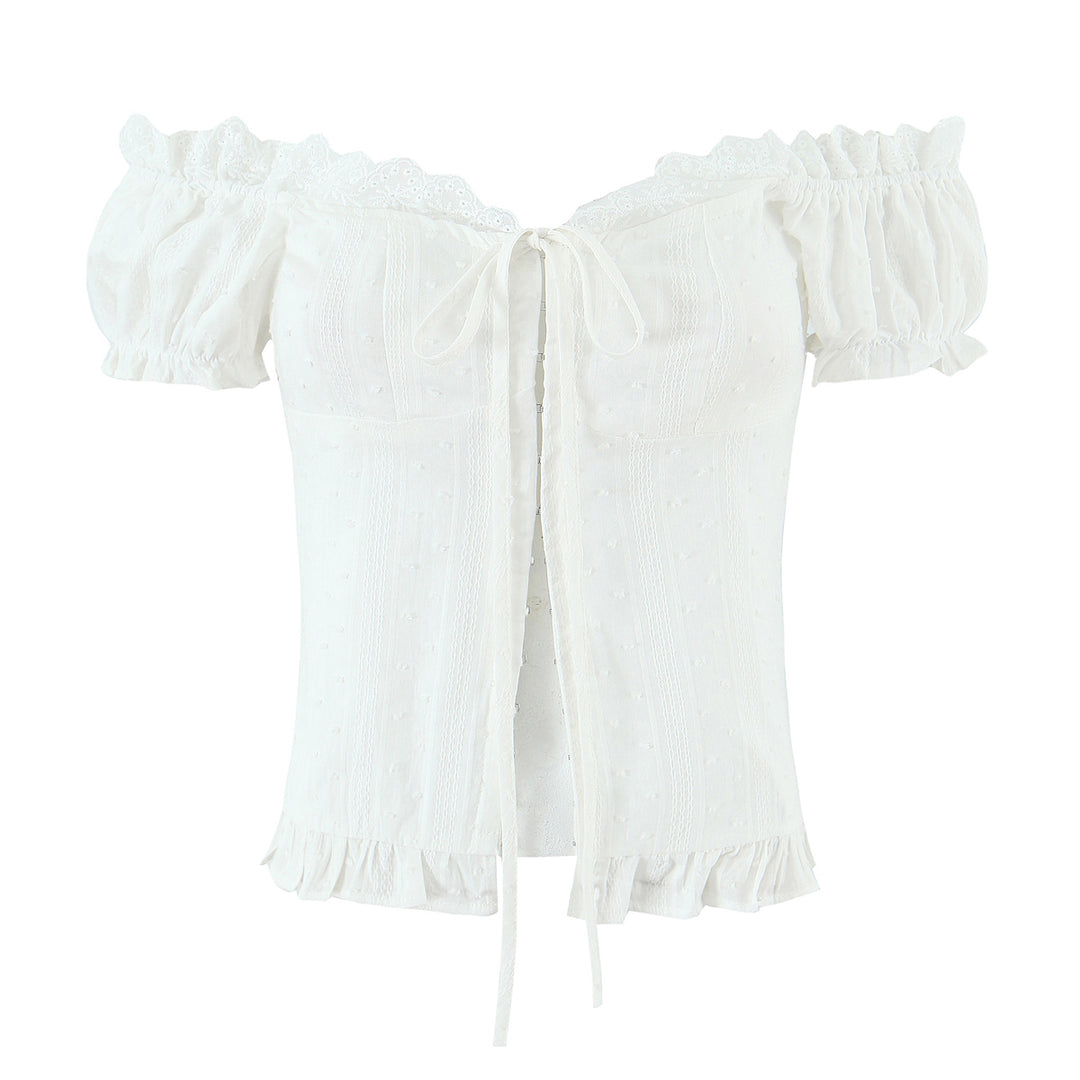 Summer French Sweet Spicy First Love White Lace Collar Back Elastic Jacquard Wave Point Puff Sleeve Small Top