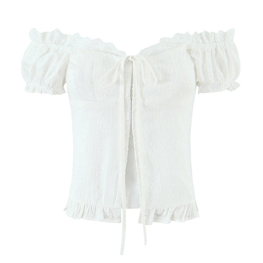 Summer French Sweet Spicy First Love White Lace Collar Back Elastic Jacquard Wave Point Puff Sleeve Small Top
