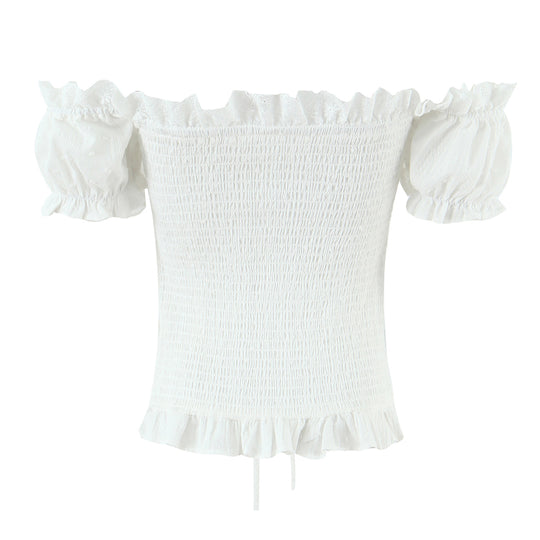 Summer French Sweet Spicy First Love White Lace Collar Back Elastic Jacquard Wave Point Puff Sleeve Small Top
